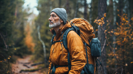 Fototapeta na wymiar Senior Hiker Exploring Autumn Forest. Generative AI
