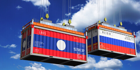 Shipping containers with flags of Laos and Russia - 3D illustration