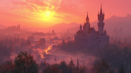 The castle is bathed in a soft, rosy glow as the sun sets, a fairytale vision come to life