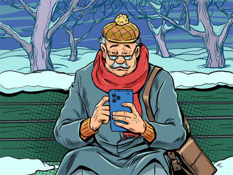Pop Art Retro An elderly man with glasses looks at his phone on a bench in winter. Special New Year's offers for the elderly. News feeds for everyone at any time of the year.