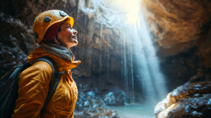 Cave Explorer Admiring Waterfall. Generative AI