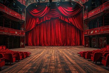 red curtain on theater wood stage with red velvet seats