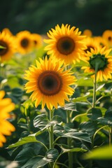 Obraz premium Tall stalks of sun-loving sunflowers swaying gently in the summer breeze
