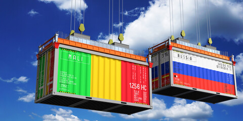 Shipping containers with flags of Mali and Russia - 3D illustration