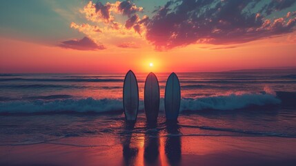 Minimalistic surfboard silhouettes against a radiant sunset capture the thrill of the beach - obrazy, fototapety, plakaty