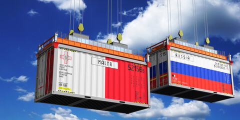 Shipping containers with flags of Malta and Russia - 3D illustration