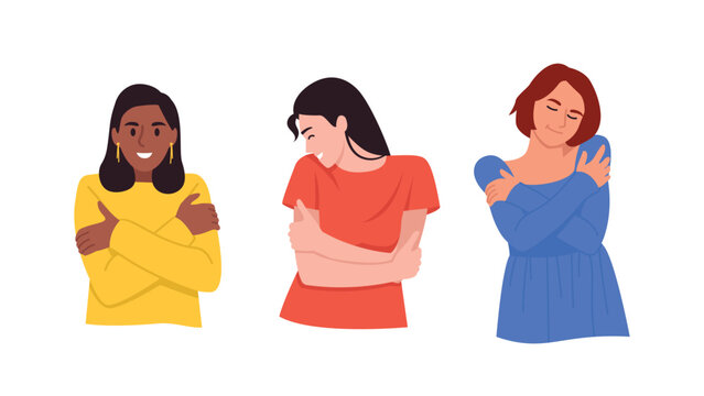 Vector illustration of the concept of love and self-acceptance. Cartoon scene of a group of happy girls hugging themselves, showing love and care for themselves isolated on a white background.