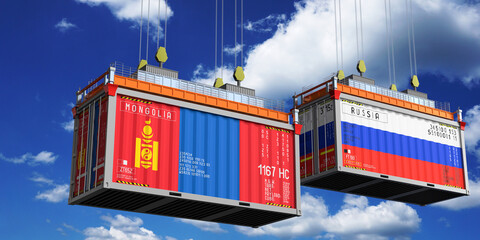 Shipping containers with flags of Mongolia and Russia - 3D illustration