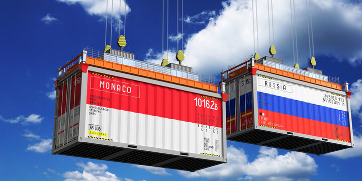 Shipping containers with flags of Monaco and Russia - 3D illustration