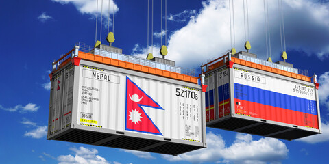 Shipping containers with flags of Nepal and Russia - 3D illustration