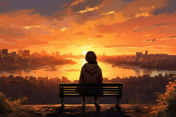Obraz premium Contemplative woman sitting on bench overlooking cityscape at sunrise. Urban tranquility.