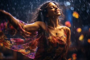 Joyful woman dancing in rain at night. Celebration and happiness.
