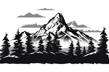 Black and white mountain range with trees wall art, symbolic landscapes stencil art outdoor scenes vector illustration