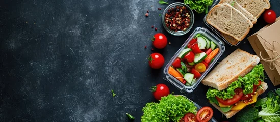  Top-down view of office table with healthy lunch box featuring sandwich and veggies. Copy space available. Flat lay. © 2rogan
