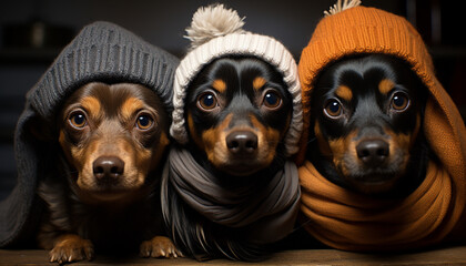 Cute puppy trio in winter caps, sitting together indoors generated by AI
