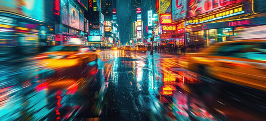 Vibrant cityscape with neon lights and dynamic traffic at night. Urban life and travel.