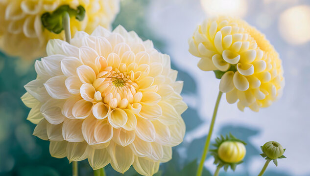 Dalia macro. Pastelowy ż&oacute;łty kwiat