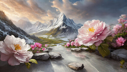 Abstrakcyjny krajobraz koncepcyjny z kwiatami piwonii - obrazy, fototapety, plakaty