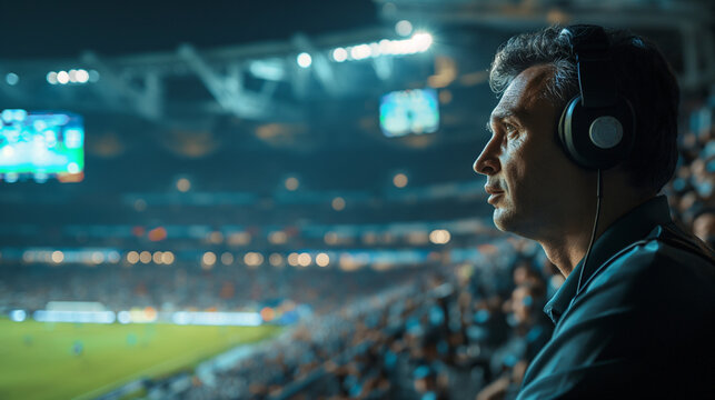 A Man Wearing Headphones in a Stadium