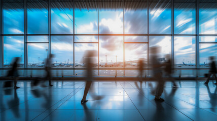 Motion blurred of passengers walking at modern airport .