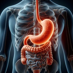A realistic image of stomach and digestive system, hd, 4k, 3d rendered illustration of a human anatomy