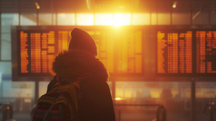 Silhouette young tourist look at flight information board with golden light at airport . - obrazy, fototapety, plakaty