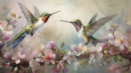 Abstract art of hummingbirds with floral