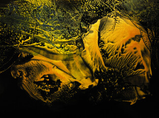 glitter lights grunge background, gold shiny organic encaustic wax black abstract luxurious Background.