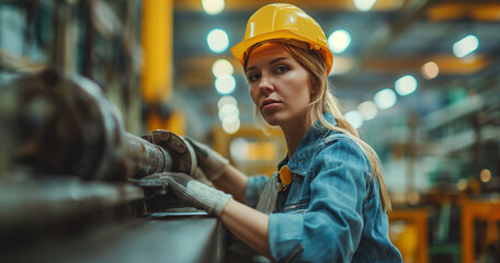 a woman  manufacturing worker with helmet and bright safety vest in front of machine