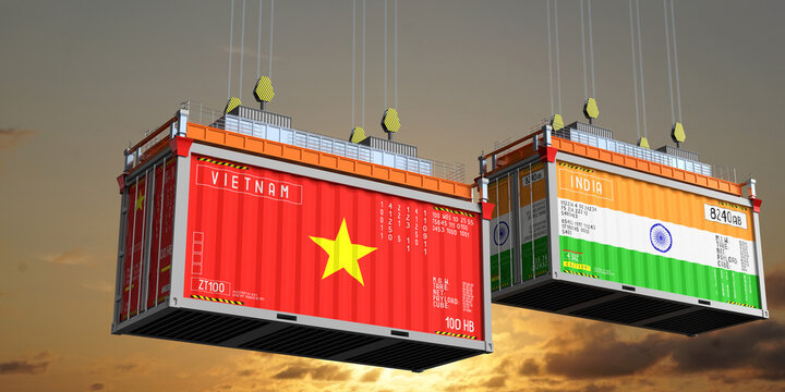 Shipping containers with flags of Vietnam and India - 3D illustration