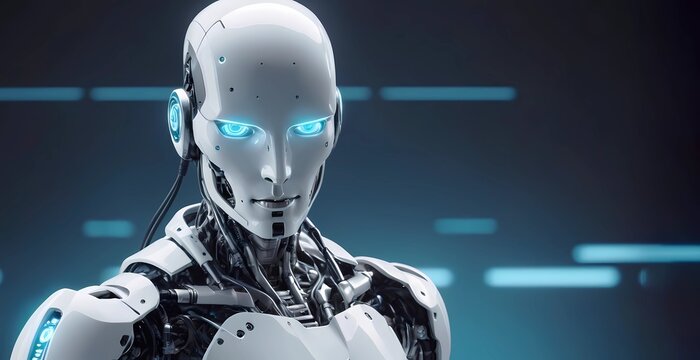 White screen robot 3d render with Ai with a blurry light blue background, full of steel body, creative brain, half body, high graphic, light effect dark lighting