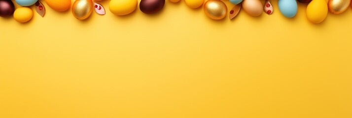 Mustard background with colorful easter eggs round frame - obrazy, fototapety, plakaty