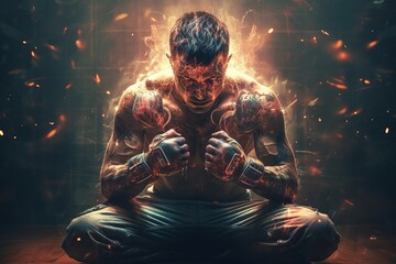 Sweaty Sport boxer man alone in locker room. Box athlete mental prep for competition fight. Generate ai