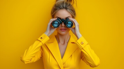 Woman with Binoculars in Yellow - obrazy, fototapety, plakaty