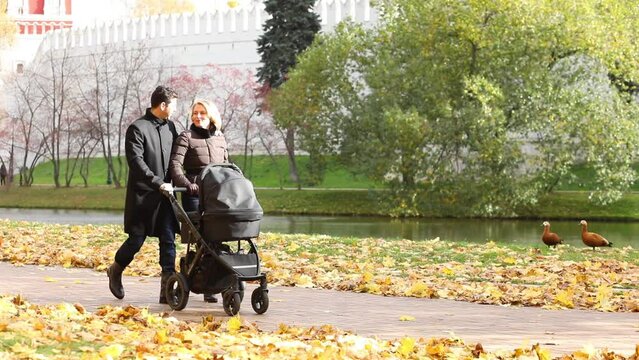 Happy man and pretty woman walk with baby carriage near river with ducks in fall park