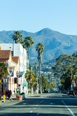 Santa Barbra California Downtown Palm Trees and Mountains