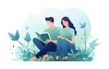 couple reading book vector flat minimalistic isolated illustration