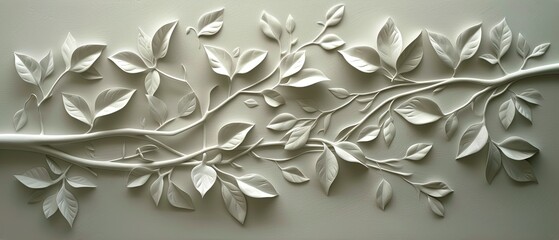 White Sculpture of Leaves on Wall