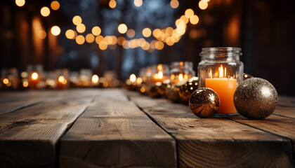 Glowing candle illuminates dark night, celebrating Christmas in rustic decor generated by AI