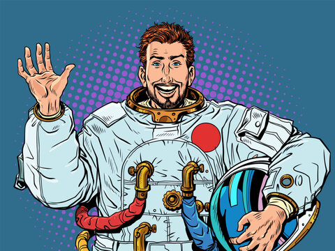 Pop Art Retro A male astronaut looks forward and waves his hand, taking off his helmet. World Day of Cosmonautics and Universe Exploration. An offer from a costume store for a holiday.