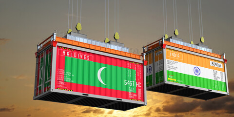 Shipping containers with flags of Maldives and India - 3D illustration