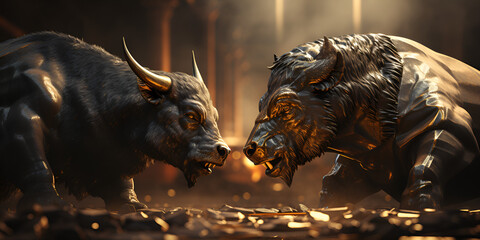 Beautiful portrait of a bull with horns and Bear in Stylized Market Battle.