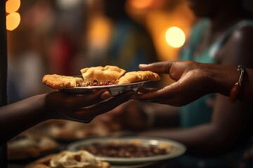 Two hands in a closeup view, sharing a plate with delectable pastries and savory fillings, in a warm, festive atmosphere - obrazy, fototapety, plakaty