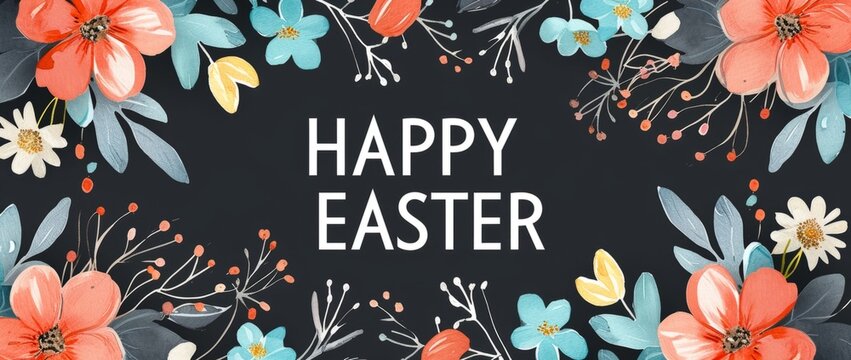 HAPPY EASTER watercolor art card on black background Generative AI