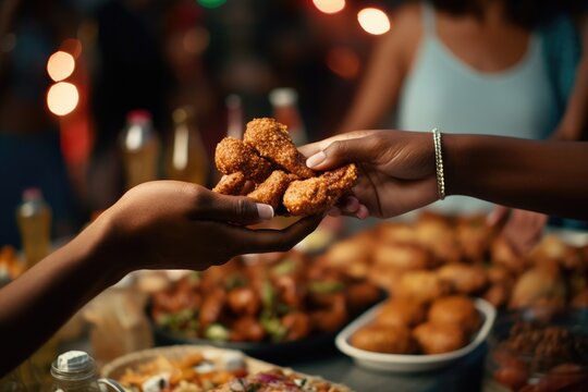 Closeup of two African American hands one passing a fried chicken to another in a setting with a festive, blurred background