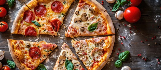 Various delicious pizza slices on a table for a family dinner or pizza party, seen from above.