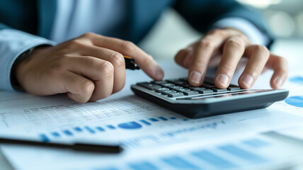 economist financier who calculates financial reports on a calculator - obrazy, fototapety, plakaty