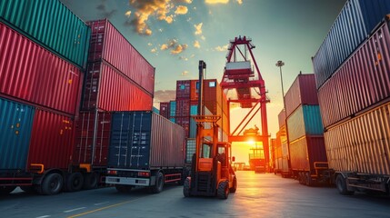 Freight logistics: Forklift handling container box, loading stacker at docks for shipment, harbor activity - obrazy, fototapety, plakaty