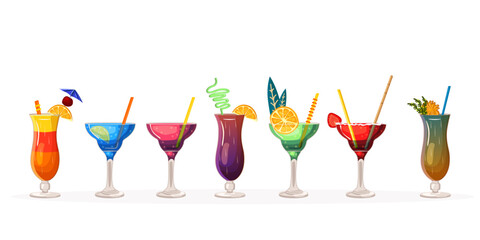 Colorful set of various cocktails. Isolated on white background.