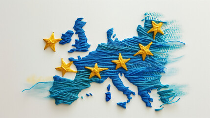 Simple embroidery design featuring the EU flag and Europe on white background  - obrazy, fototapety, plakaty